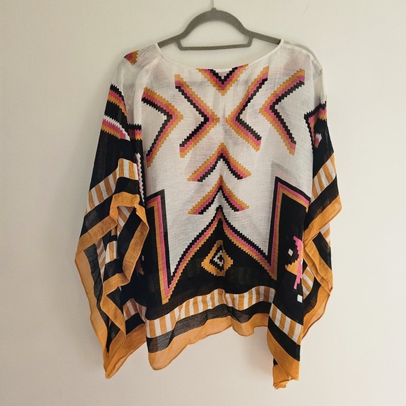 Theodora & Callum Linen Blend Poncho Top White Orange Pink O/S Caftan Tunic - Picture 3 of 5